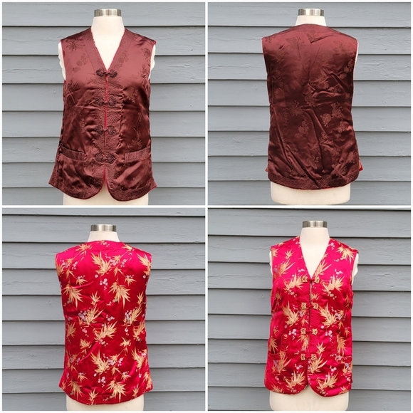 100% Silk Cheongsam Qipao Reversible Red Burgundy Floral Oriental Padded Vest Md - Picture 5 of 9